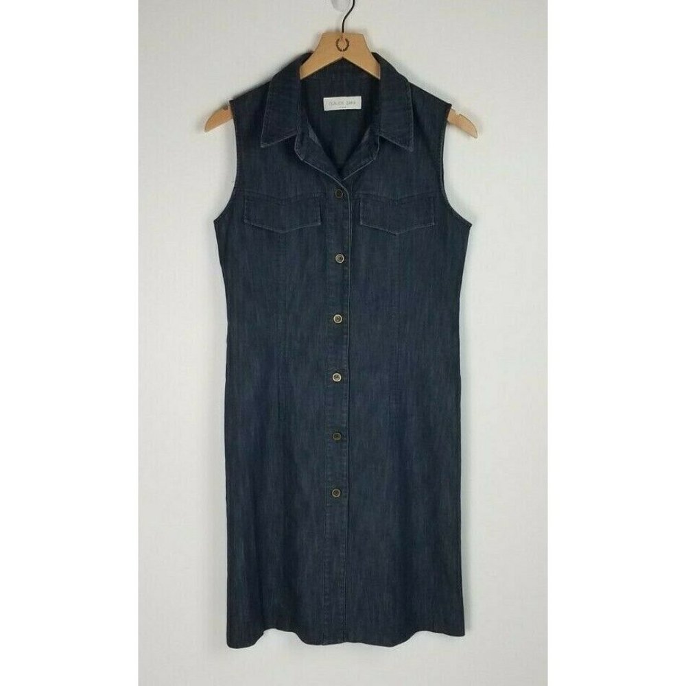 Claude Zana Paris Sz. M Denim Button Up Sleeveless Collared Short Dress - Picture 1 of 5